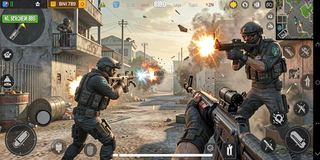 Tampilan gameplay seru dari BNI789 dengan pertempuran tembak-menembak.