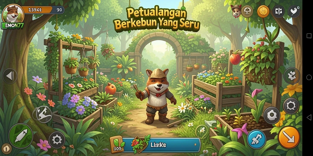 Tampilan utama gameplay <strong>EMON77</strong> yang menunjukkan kebun yang indah.