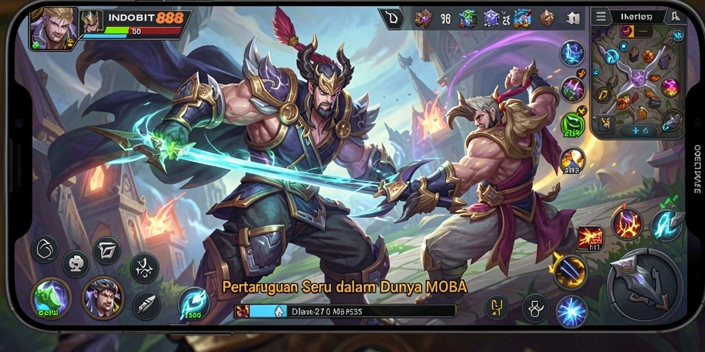 Tampilan gameplay seru dalam arena MOBA yang mendebarkan.