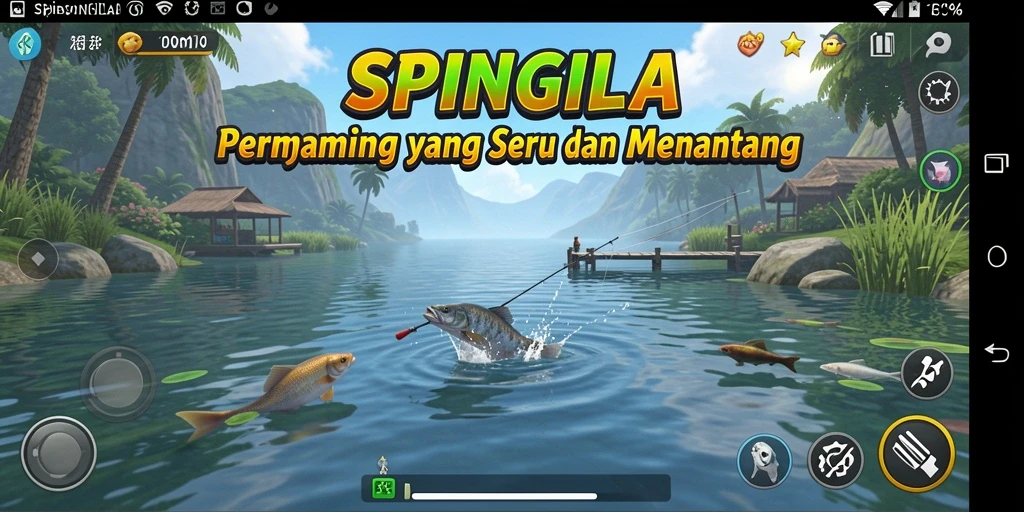 Screenshot utama SPINGILA yang menampilkan aksi menangkap ikan.