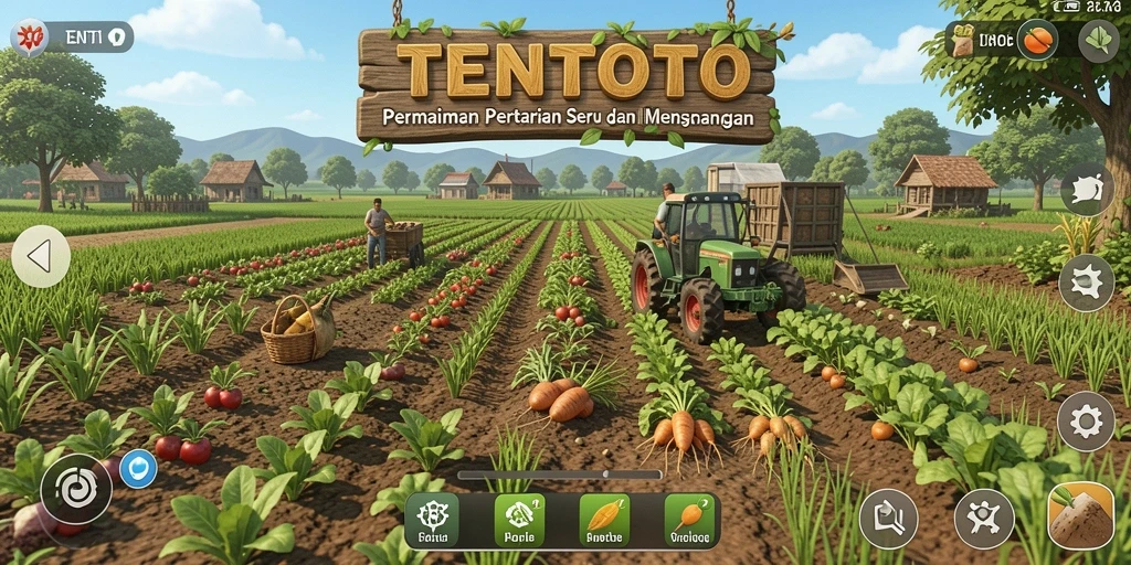 Gameplay seru dalam TENTOTO saat bertani dan merawat hewan.