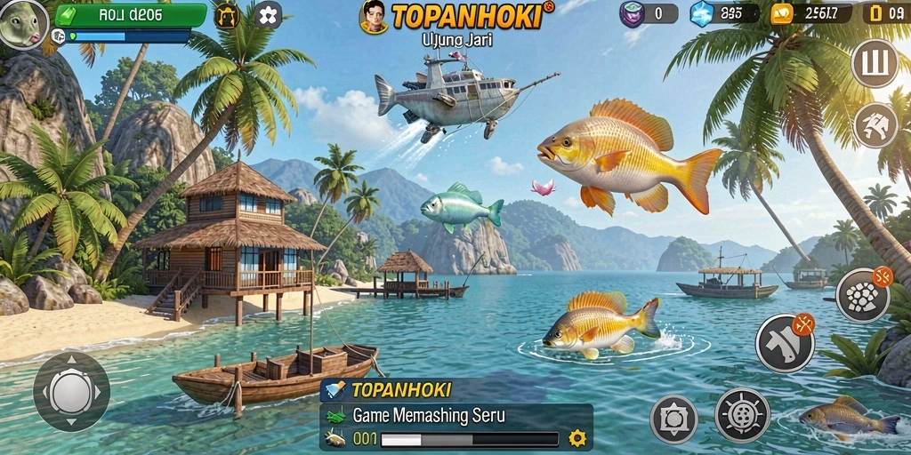 Screenshot gameplay TOPANHOKI yang menunjukkan aksi memancing seru.